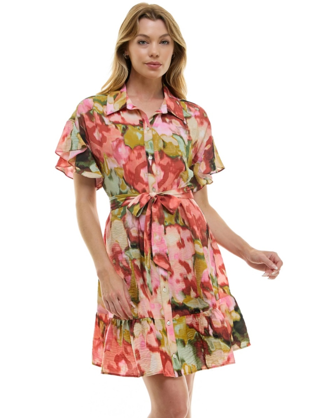 Button Front Tie-Waist Dress